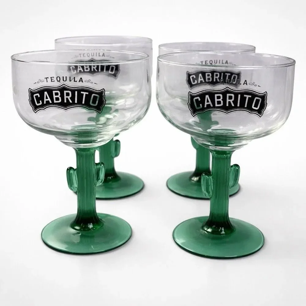 Cabrito Tequila Margarita Glasses Set of 4 Green Cactus Stem Barware